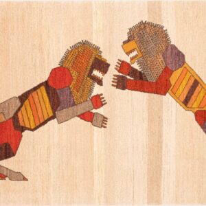 Two Lions Fighting on Tan Carpet